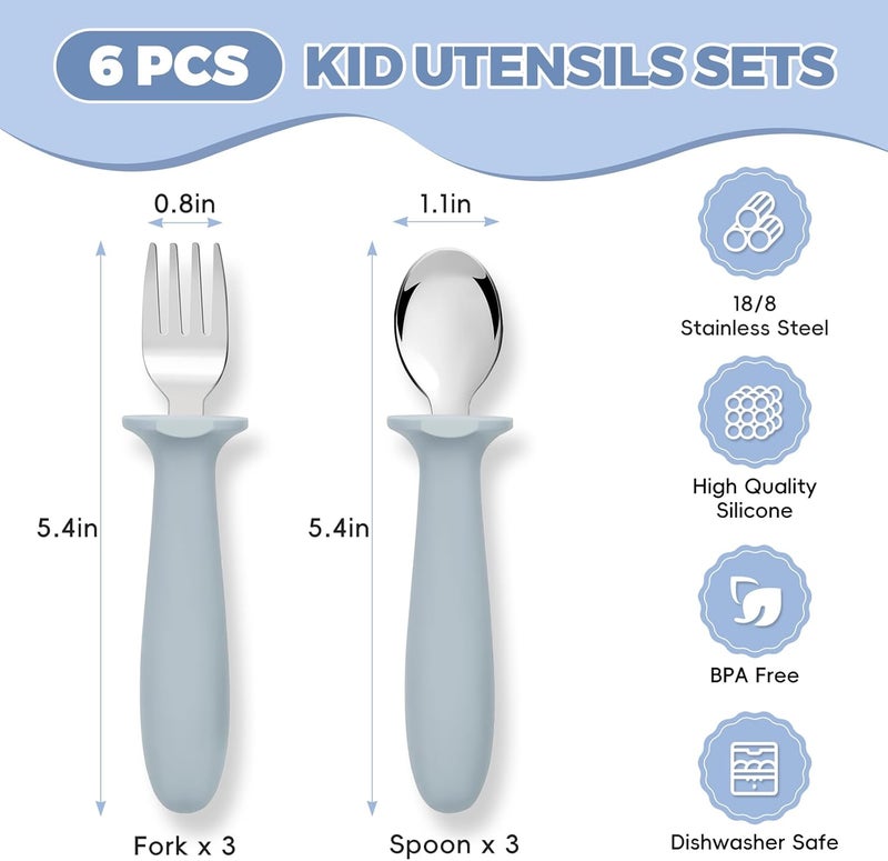 ITITT 6 PCS Toddler Utensils Kids Silverware Set with Silicone Handle Children Food Grade 18/8 Stainless Steel Toddler Forks and Spoons Safe Anti-Choke Design Mirror Polished Sturdy Durable Dishwasher Safe - Image 2